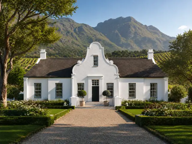 Symmetrical Cape Dutch vineyard estate, Constantia