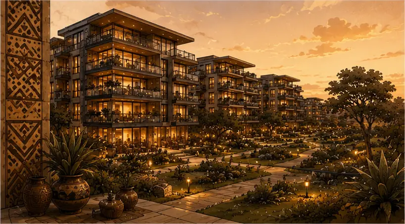 Warm-lit modernist apartment block at golden hour